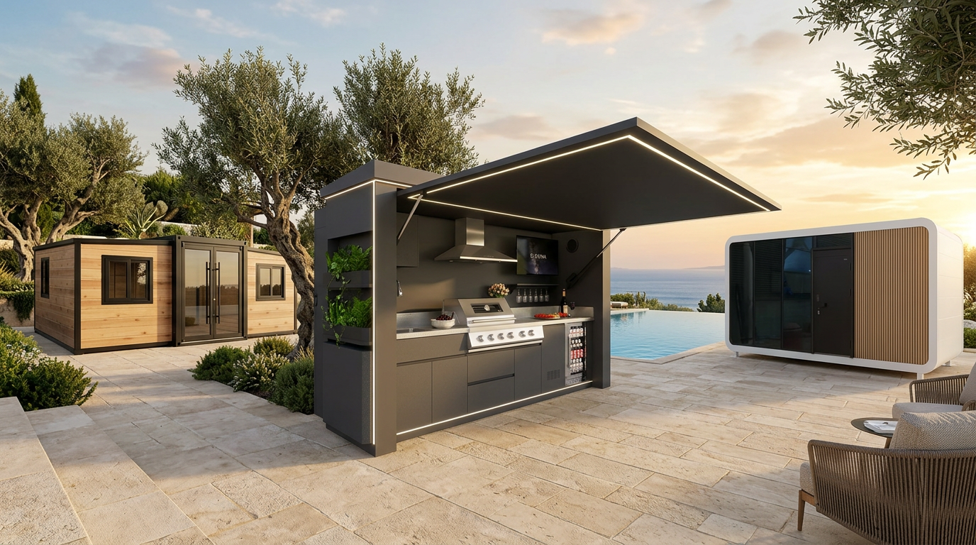 Module habitable, bloc sanitaire et cuisine d'été Luxury Modular dans un jardin méditerranéen au coucher du soleil